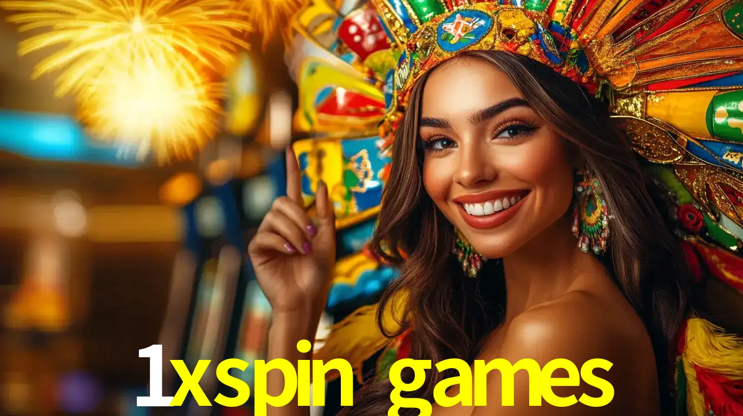 Mulher sorridente com um cocar de carnaval vibrante e colorido, celebrando uma grande vitória nos jogos do cassino 1xspin games com fogos de artifício ao fundo.