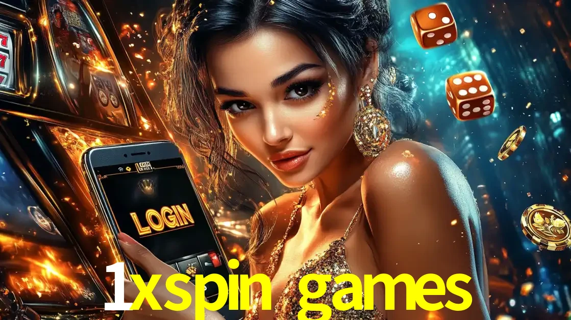 Mulher glamourosa segurando um celular com a tela de login do cassino 1xspin games, rodeada por dados e moedas douradas, pronta para começar a diversão.
