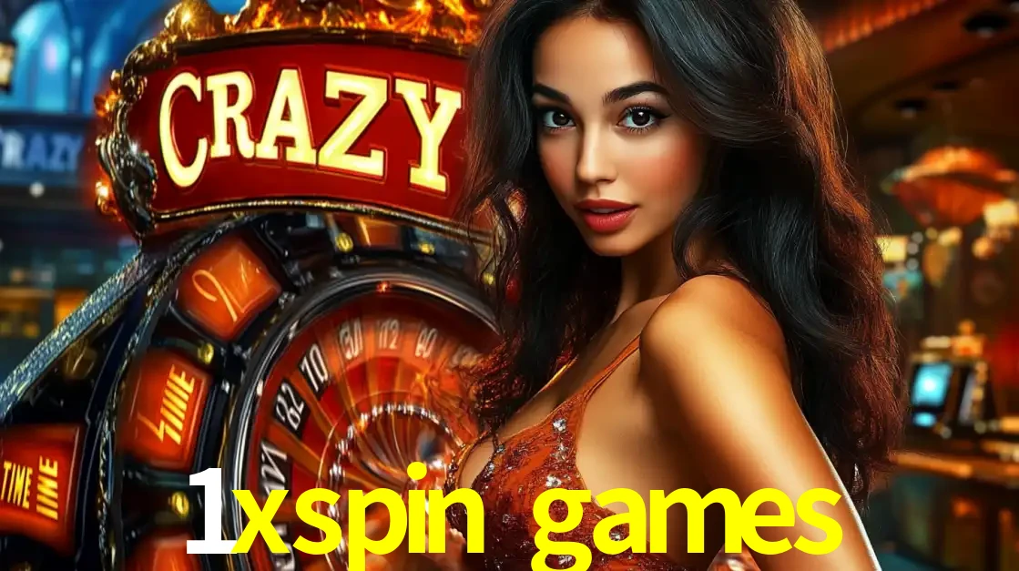 Mulher glamourosa olhando para a câmera com a roda vermelha do Crazy Time ao fundo em um ambiente de cassino, destacando a emoção dos jogos ao vivo no 1xspin games.