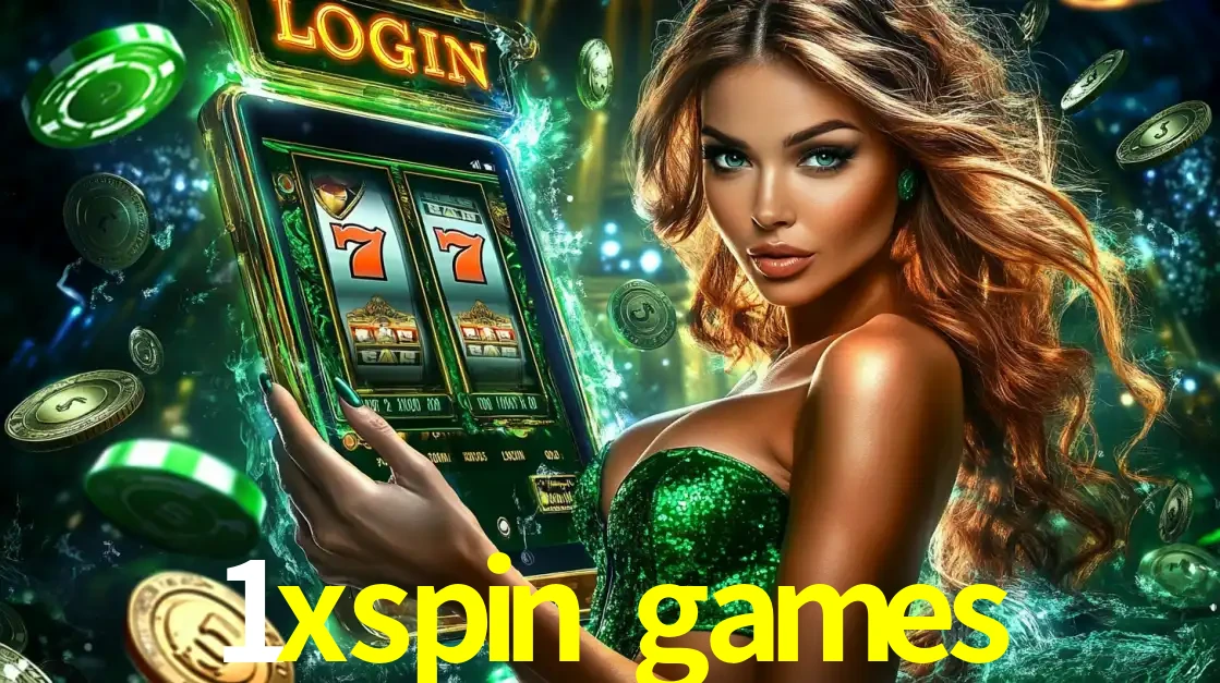 Mulher com tema verde apresentando o aplicativo do cassino 1xspin games com um jogo de slot de 777, cercada por fichas de cassino e uma aura de sorte.