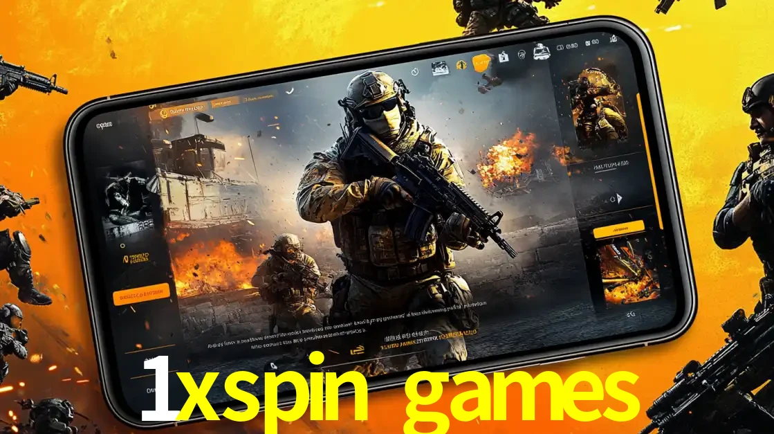 Um smartphone exibindo a interface de um jogo de tiro em primeira pessoa, com um soldado em um cenário de batalha, representando a ação dos e-sports para apostar no 1xspin games.