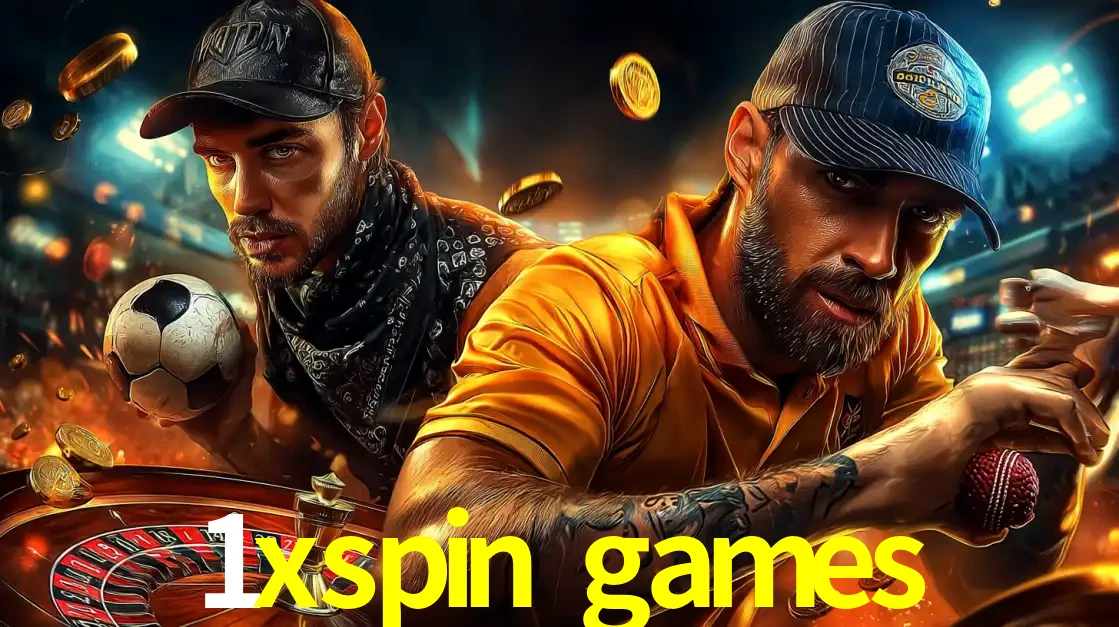 Montagem de apostas esportivas e cassino no 1xspin games, com um homem segurando uma bola de futebol e outro uma de beisebol sobre uma roleta e moedas voadoras.