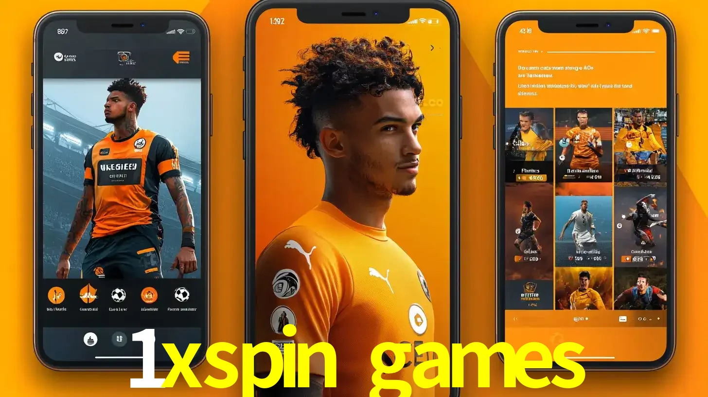 Interface do aplicativo de apostas esportivas 1xspin games em três telas de celular, mostrando o perfil de um jogador de futebol e a lista de jogos disponíveis para apostar.