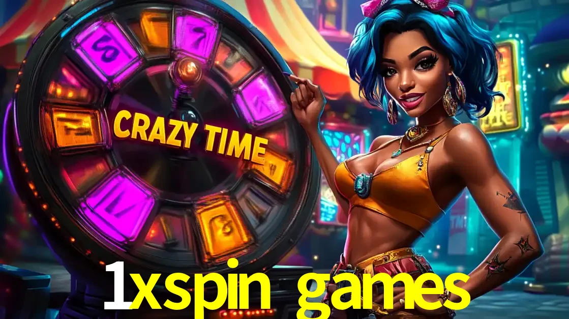 Mulher estilizada com cabelo azul e visual vibrante posando ao lado da roda de prêmios do game show Crazy Time, convidando para a diversão e os bônus do cassino 1xspin games.