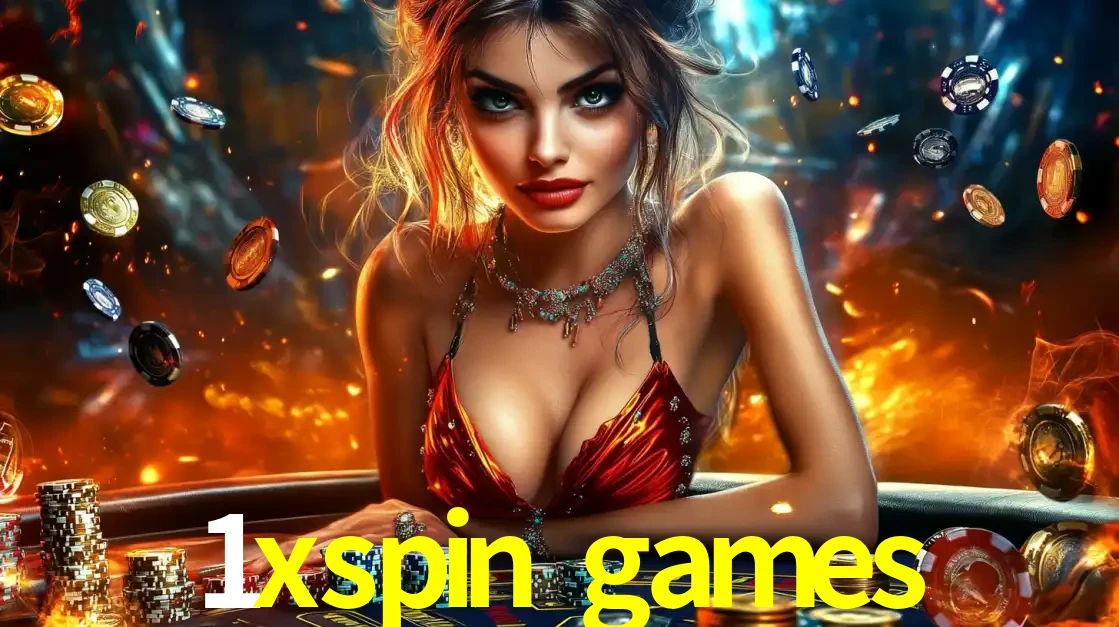 Mulher em uma mesa de cassino com pilhas de fichas e um fundo de fogo, pronta para uma rodada de altas apostas nos jogos de mesa emocionantes do cassino 1xspin games.