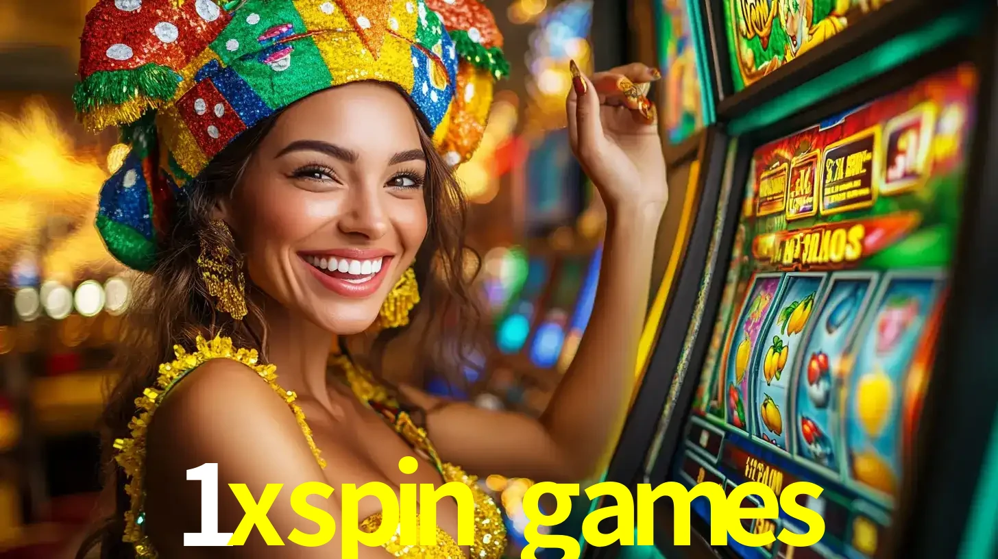 Mulher feliz com traje de carnaval amarelo e colorido ao lado de uma máquina de caça-níqueis, aproveitando a diversão e os jogos temáticos do cassino 1xspin games.