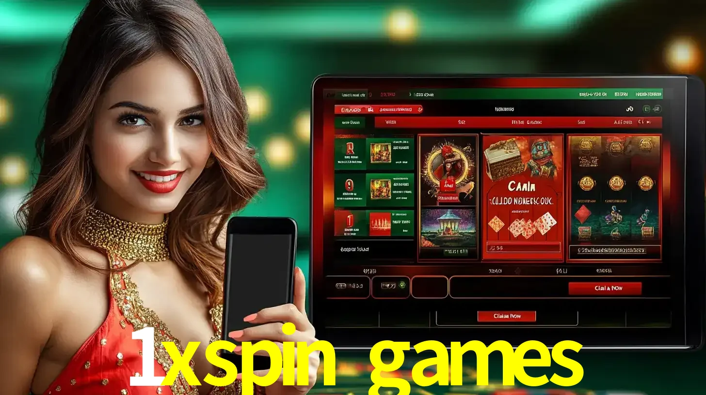 Mulher sorridente segurando um smartphone, ao lado de uma tela exibindo o lobby de jogos do cassino online 1xspin games, com várias opções de jogos de cartas e slots.